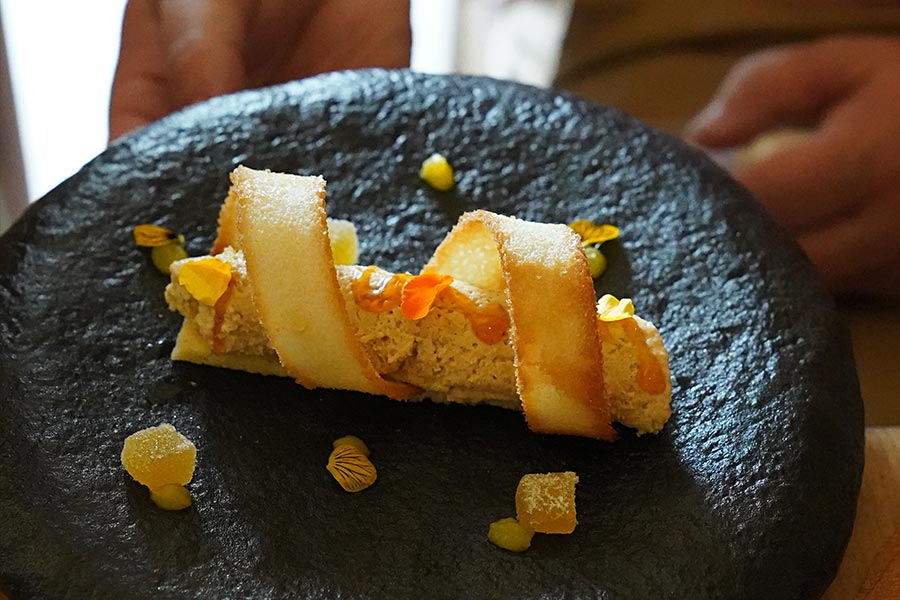 Signature gastronomic dessert from Restaurant Tòvera at the Ostoria hotel near Périgueux